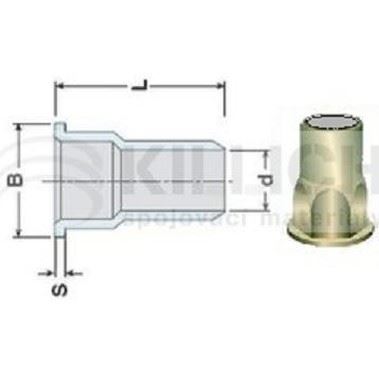 nýtovací matice OTEVŘENÁ M6x16 A2 NEREZ plochá hladká hlava 6hranné tělo do 1/2 (s= 0.5-3.0 mm)