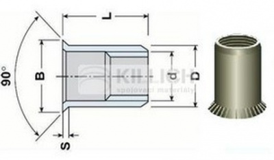 nýtovací matice OTEVŘENÁ M6x17 Al-hliník zápustná velká hlava hladké tělo (s= 3.8-6.0 mm)