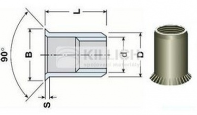 nýtovací matice OTEVŘENÁ M4x11.5 Al-hliník zápustná velká rýhovaná hlava hladké tělo (s= 1.5-3.5 mm)