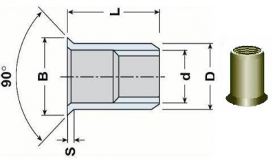 nýtovací matice OTEVŘENÁ M3x9.5 ZINEK zápustná velká hladká hlava hladké tělo (s= 1.5-3.5 mm)